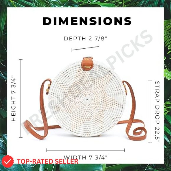 Round Rattan Crossbody Bag Handmade Boho Wicker Purse Lightweight Summer - Picture 6 of 8